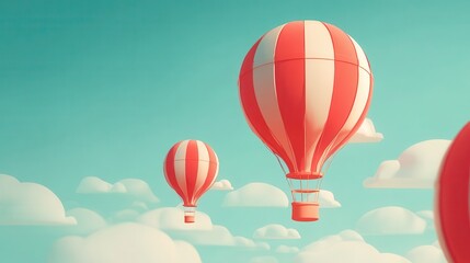Two colorful hot air balloons float in a pastel sky filled with fluffy clouds.