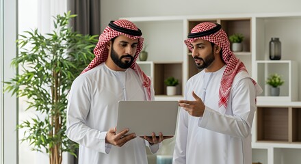 Two men in traditional Middle Eastern attire collaborate on a laptop, discussing a project in a modern home .