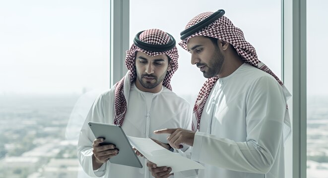 Two businessmen in traditional Middle Eastern attire collaborate on documents using a tablet, showcasing a modern approach to business in a contemporary setting.