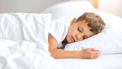 A young boy peacefully sleeps in a bed with white sheets and pillows