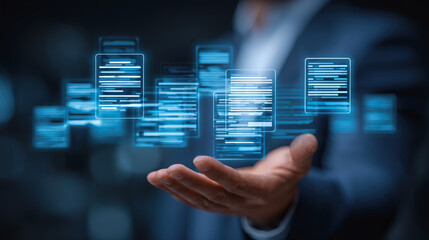 Digital document management concept showcases hand holding floating electronic documents, symbolizing innovation and technology in data handling