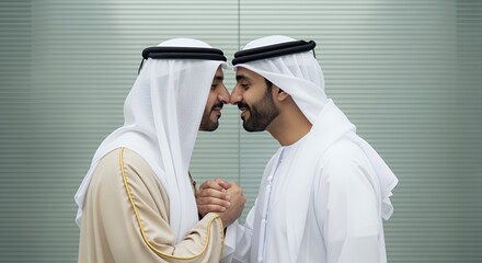 Two men in traditional Middle Eastern attire stand close, faces touching, symbolizing unity and respect.