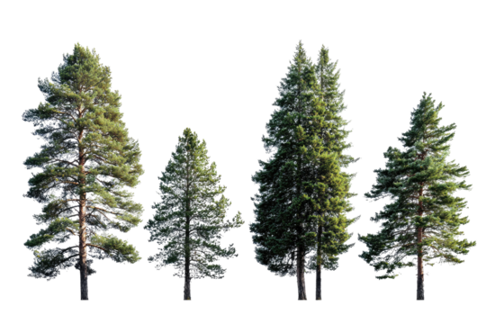 Five coniferous trees in a row, varying in size