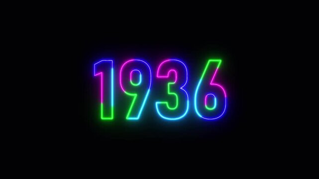 1936 neon line text. Abstract 1936 neon text animation ,For neon color Glowing neon number text background 4k video animation .Digital font against a dark background with neon line looping animation.