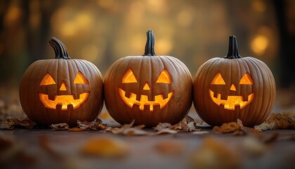 Three carved glowing jack o lanterns in a row on autumn leaves halloween pumpkin