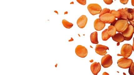A scattered arrangement of dried apricots isolated on white background