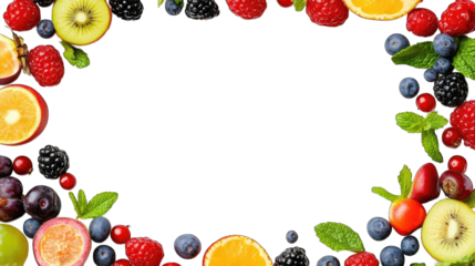 A Vibrant And Colorful Frame Of Fresh Fruits And Berries Surrounds A Transparent Background Perfect For Displaying Text