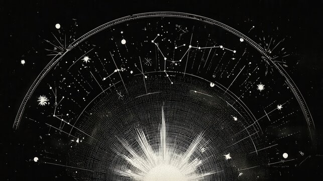 Detailed celestial map illustration in grayscale.