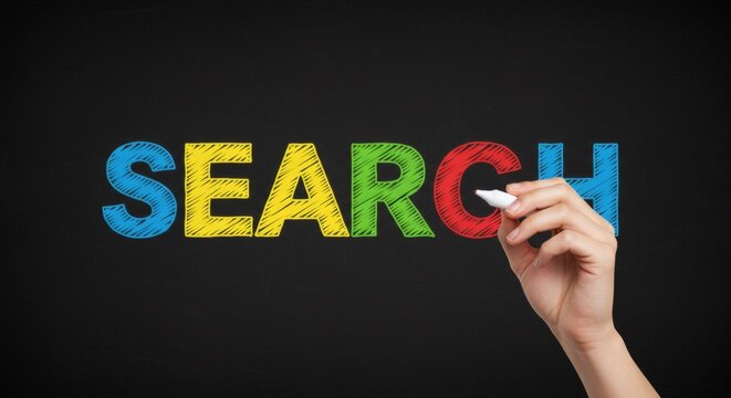 Searching Hand writes colorful letters on black board background.