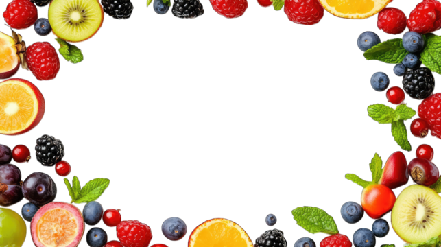 A Vibrant And Colorful Frame Of Fresh Fruits And Berries Surrounds A Transparent Background Perfect For Displaying Text