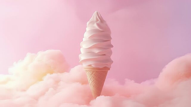Soft serve ice cream cone floating in dreamy pink clouds