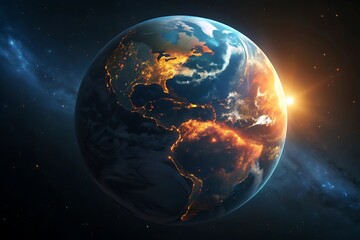 Fototapeta premium Earth illuminated by sunrise in the vastness of space