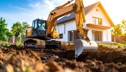 Excavator digging near modern house