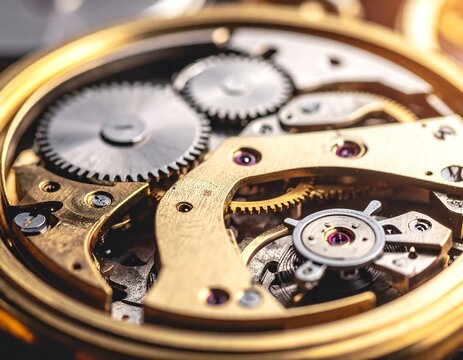 Close-up of intricate gold gears and components within a disassembled timepiece
