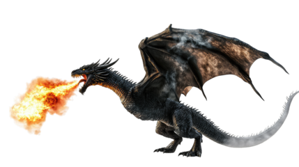 A Black Dragon With Fire-breathing Mouth Large Wings And Tail Isolated On A Transparent Background