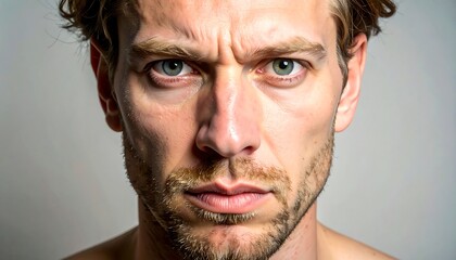 Close-up portrait of a man with a serious expression, showing furrowed brows and intense gaze