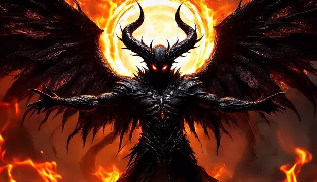 Infernal Majesty  A demonic being, wings outstretched, dominates a fiery, infernal landscape.