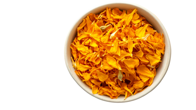 A top view of a wooden bowl filled with orange and yellow flower petals isolated on white background