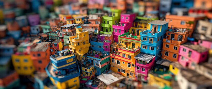Vibrant Brazilian favela in tilt-shift bursting with colorful houses, radiating energy and resilience. A lively urban tapestry, reminiscent of community and hope.