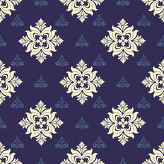 Damask classic cream and dark blue background pattern.Hand drawing wallpaper in style of Boroque. Seamless abstract background with repeating elements.Orient background.