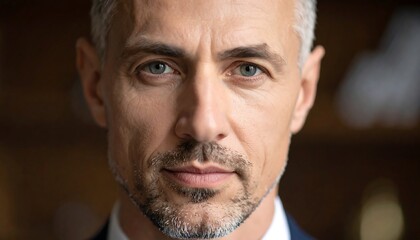 Close-up portrait of a middle-aged man with piercing blue eyes and a serious expression