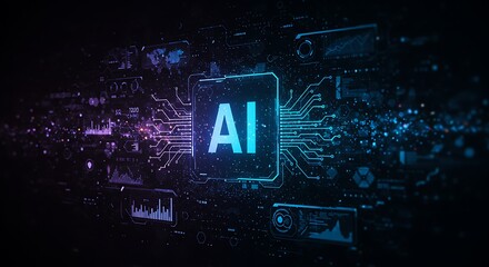 A glowing AI core embedded within digital circuitry, visualizing intelligence at the heart of modern systems