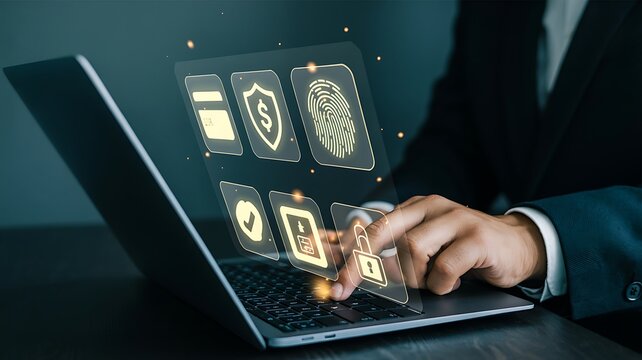 Digital security interface with icons and user interaction laptop fingerprint - Powered by Adobe
