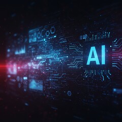 A glowing AI interface surrounded by data charts and circuits, symbolizing the role of technology in climate solutions