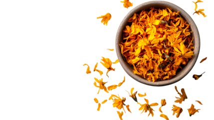 A top view of a wooden bowl filled with orange and yellow flower petals isolated on white background