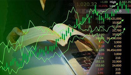 Up stock market learning book concept with green chart growth overlay, open book, and laptop. Ideal for financial education, investment strategy, and trading knowledge presentation visuals.