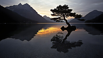 Solitary Silhouette Tree Reflecting in Calm Sunset Lake