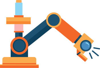 A robotic arm with blue and orange components against a plain white background in a flat style