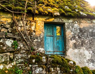 Old stone building with moss and a blue door