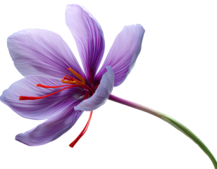 Side View of Saffron Flower with Curved Stem and Drooping Petals, Elegant Floral Silhouette, Isolated on Transparent Background