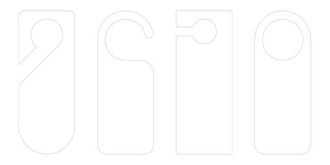 Door hanger mockup template set with die cut tag shapes and hotel room signs. Vector label design for do not disturb flyer on handle or knob. Cardboard hang icon isolated on white background