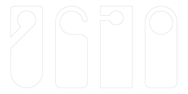 Door hanger mockup template set with die cut tag shapes and hotel room signs. Vector label design for do not disturb flyer on handle or knob. Cardboard hang icon isolated on white background