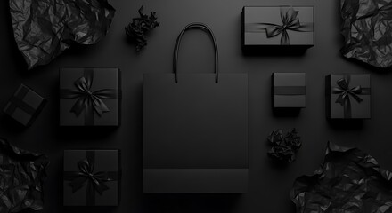 Black gift boxes shopping bag crumpled paper ribbon bows
