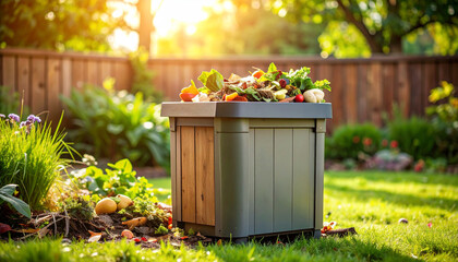 One compost bin with food scraps, backyard garden background, sunny day
