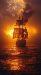 Obraz premium Tall Ship Sailing on Golden Sea at Sunset with Dramatic Sky and Clouds
