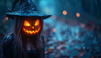 Woman with Jack O Lantern head wearing witch hat in rainy night halloween pumpkin head