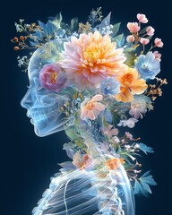 Surreal X-ray Fashion Portraits Blooming flowers intertwined with a skull silhouette. Artistic Human Anatomy Visualization Conceptual Skeleton Photography