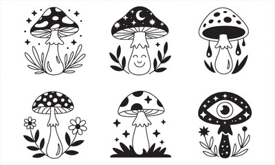 Obraz premium Six Black and White Mushroom Illustrations with Celestial and Botanical Elements fungi