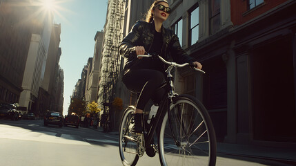 Stylish woman riding a bicycle in a city street with sun flare