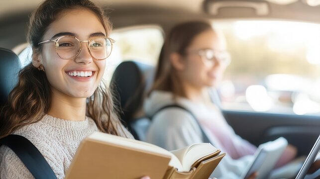 College students carpooling with books and laptops open