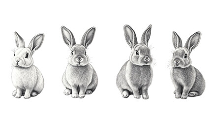Obraz premium Four Realistic Pencil Drawings Of Rabbits In Different Shades Of Grey From White To Dark Grey Sitting On A Transparent Background