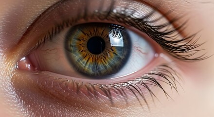 Macro closeup of a beautiful human hazel eye with intricate iris details and long eyelashes, representing sight and perception.