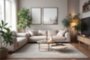 Blurred view of a modern living room with light beige furniture and plants.