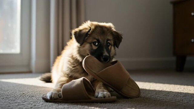 Puppy playing with slipper in playful mood at home with sunlight