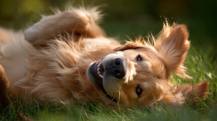 Playful golden retriever enjoying a sunny day in the grass, radiating joy and warmth.