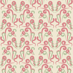 Delicate ornament pattern showcases swirling floral motifs in soft pink and green tones, perfect for textile design, wallpaper, and creative endeavors in any setting